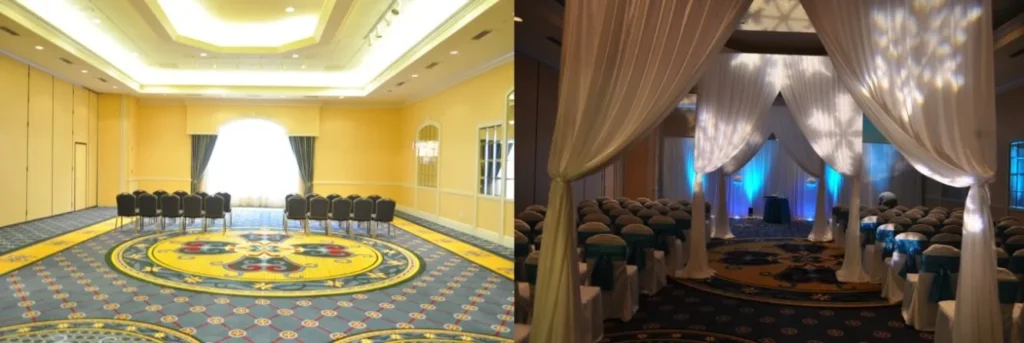Futuristic roller coaster inside a vibrant, neon-lit indoor amusement park.
