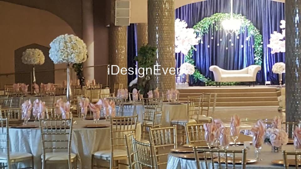 Elegant wedding reception setup with floral centerpieces and candlelight.