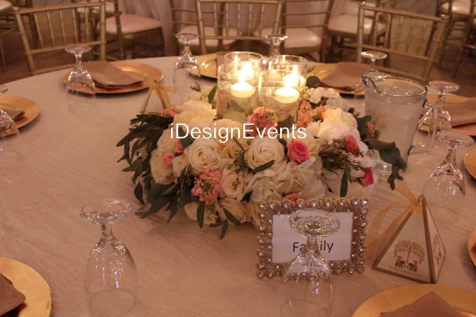 Elegant wedding reception setup with floral centerpieces and candlelight.