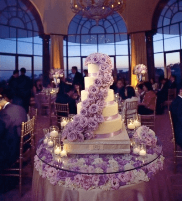 Elegant multi-tiered wedding cake adorned with purple flowers and surrounded by candles.