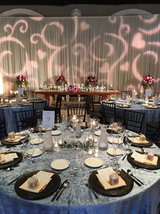 Elegantly decorated wedding reception tables with floral centerpieces and intricate lighting.