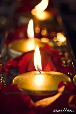 A glowing candle flame surrounded by red petals in a warm, intimate setting.