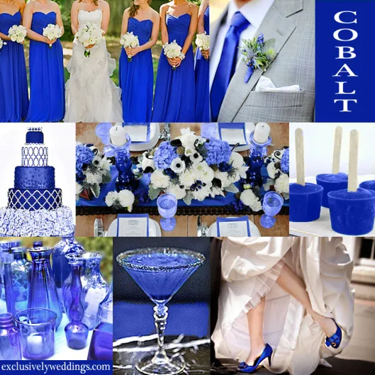 Elegant cobalt blue and white wedding decor with floral arrangements and cake.